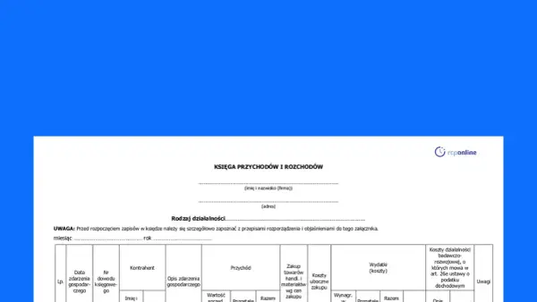 Księga przychodów i rozchodów – przykład wypełnienia dokumentu księgowego. Widoczny jest nagłówek i fragment tabeli z kolumnami.