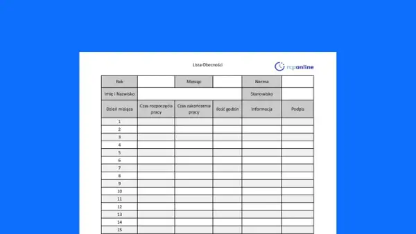 Lista obecności do rozliczania pracy zdalnej. Zawiera pola na datę, czas rozpoczęcia i zakończenia pracy, ilość godzin, informacje i podpis.