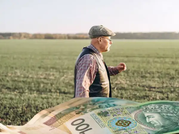 Rolnik w polu zastanawia się, ile wynosi emerytura z KRUS. Na pierwszym planie polskie banknoty.