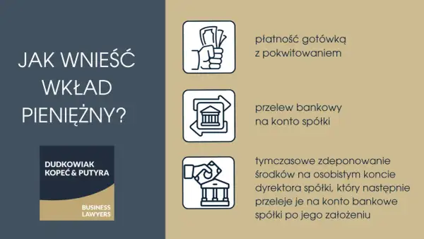 Jak wnieść wkład pieniężny do spółki z o.o.? Metody: gotówka, przelew, tymczasowe zdeponowanie środków.