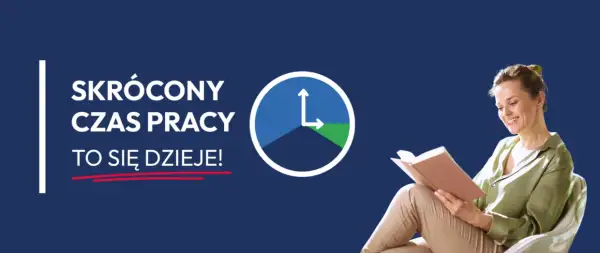 Skrócony czas pracy to się dzieje! Uśmiechnięta kobieta czyta książkę, symbolizując wolny czas.