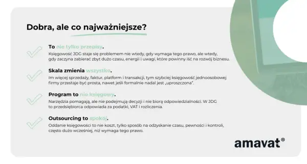 Księgowość JDG: od przepisów po rozwój firmy. Zobacz, jak outsourcing zapewnia spokój i kontrolę nad finansami w jednoosobowej działalności gospodarczej.