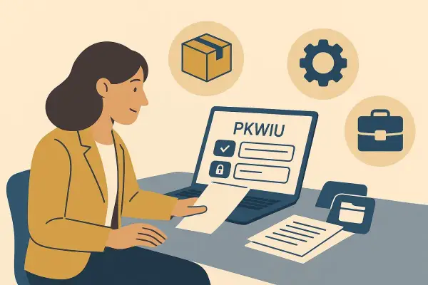 Kobieta przy laptopie z napisem PKWIU, przygotowuje dokumenty do wyrejestrowania z VAT. Ikony symbolizują biznes.