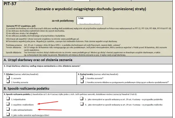 Formularz PIT-37. Sekcja "Sposób rozliczenia podatku" pokazuje opcje: indywidualnie, wspólnie z małżonkiem, jako wdowa/wdowiec. Pytanie, czy odszkodowanie jest opodatkowane, nie jest tu bezpośrednio poruszane.