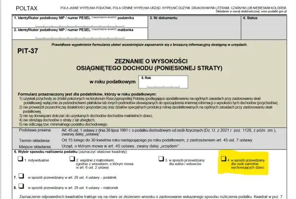 Formularz PIT-37, sekcja 6. Wybór sposobu rozliczenia podatku, opcja 4: dla osób samotnie wychowujących dzieci.