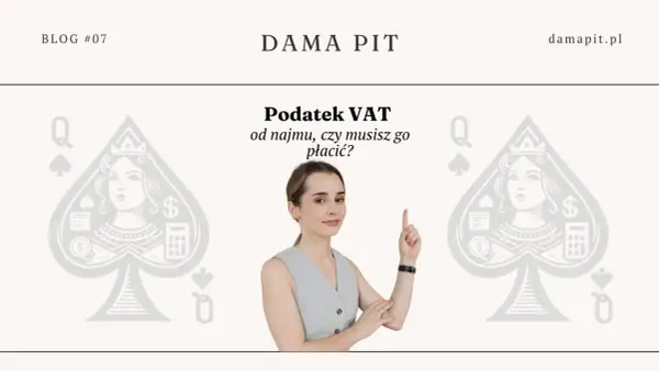 Kobieta wyjaśnia, czy najem prywatny a VAT to temat, który Cię dotyczy. Grafika damy pik z kalkulatorem i symbolem dolara.