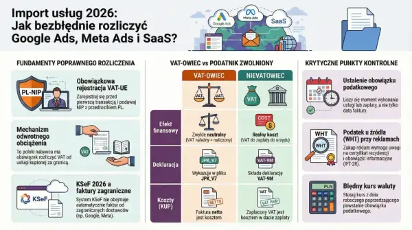 Import usług 2026: rozlicz Google Ads, Meta Ads i SaaS. Kluczowe punkty: rejestracja VAT-UE, mechanizm odwrotnego obciążenia, KSeF, VAT-owiec vs zwolniony, WHT, kurs waluty.