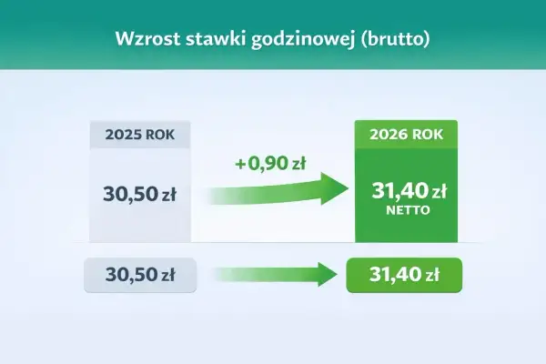 Wzrost stawki godzinowej brutto z 30,50 zł w 2025 do 31,40 zł w 2026. Umowa zlecenie z wyższą stawką.