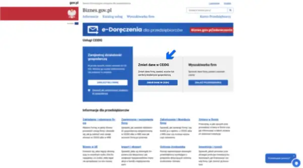 Zmiana nazwy firmy gdzie zgłosić? Na Biznes.gov.pl znajdziesz opcję "Zmień dane w CEIDG", by dokonać zmian.